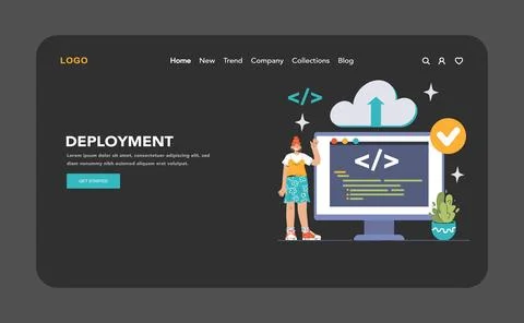 DevOps web banner or landing page dark or night mode. Illustrazione stock