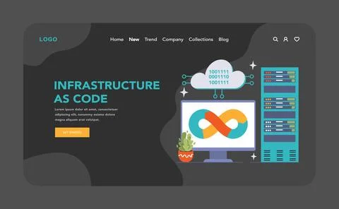 DevOps web banner or landing page dark or night mode. Illustrazione stock
