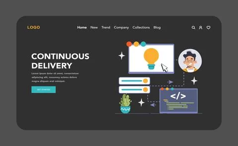 DevOps web banner or landing page dark or night mode. Illustrazione stock
