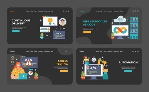 DevOps web banner or landing page dark or night mode set. Illustrazione stock