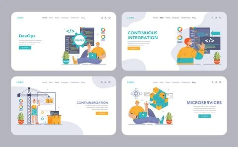 DevOps web banner or landing page set. Software development methodology Stock Illustration