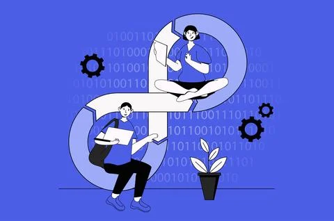 Devops web concept with character scene in flat design. People creating softw Stock Illustration