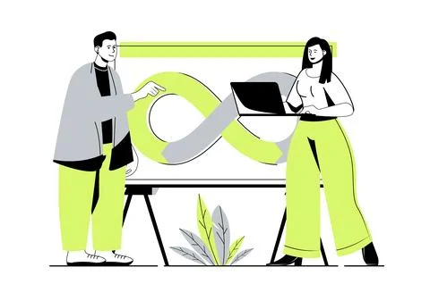 DevOps web concept with flat cartoon people for website design. Team collabor Illustrazione stock