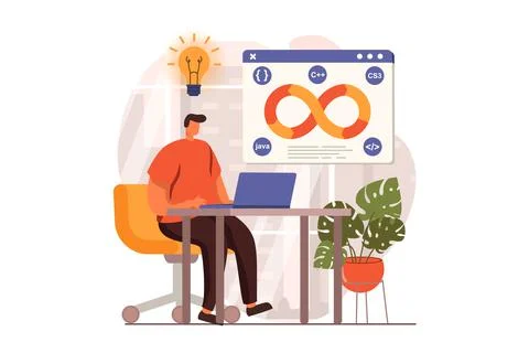 DevOps web concept in flat design. Programmer working at laptop, generate ideas Stock Illustration