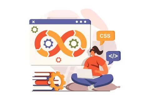 DevOps web concept in flat design. Woman working at laptop, creates software and Illustrazione stock