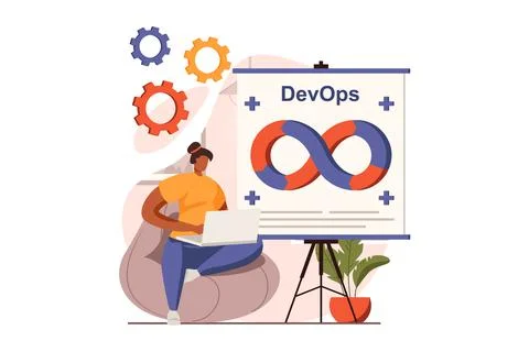 DevOps web concept in flat design. Woman settings and testing programs, doing Stock Illustration