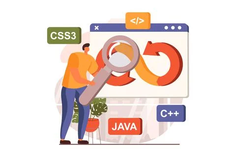 DevOps web concept in flat design. Man engineering and programming, doing Stock Illustration