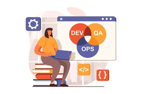 DevOps web concept in flat design. Woman working at laptop, adjusts workflow Stock Illustration