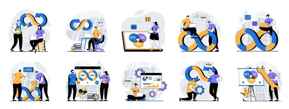 DevOps web concept with people scenes mega set in flat design. Bundle of ch.. Illustrazione stock