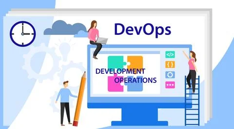 Devops at work concept. DevOps, Development and Operations. Vector 库存插图
