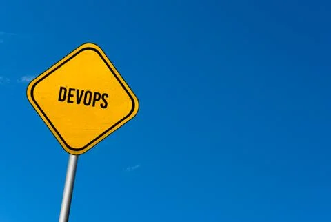 DevOps - yellow sign with blue sky Stock Illustration