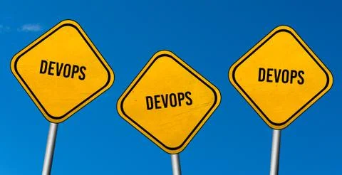 DevOps - yellow signs with blue sky Stock Illustration