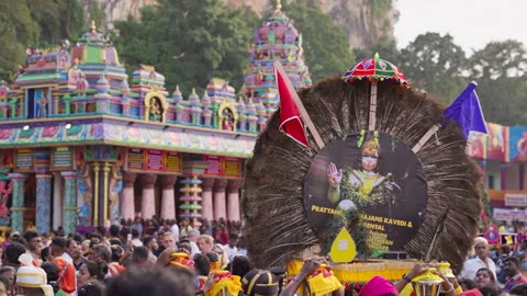 Devotee carrying elegant kavadi with surrounded by peacock feathers Malaysia Stock Footage 271597031