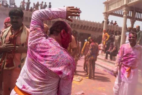 A devotee dancing in Nandgaon Holi Stock Photos