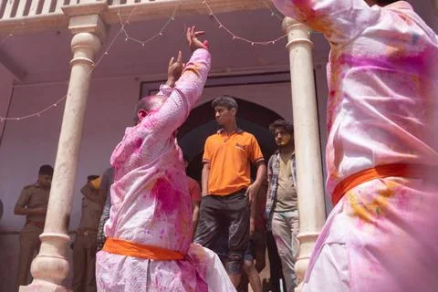 A devotee dancing in Nandgaon Holi Stock Photos