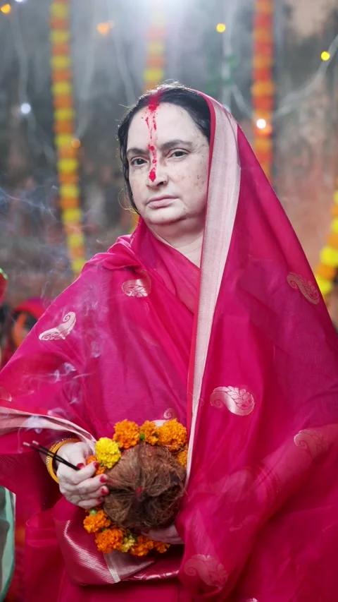 Devotee with fruits offerings during chhath festival prayer Stock Footage 316873072