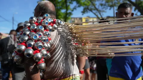 Devotee Has His Back Pierced With Large Hooks At Thaipusam Festival Stock Footage 234038138