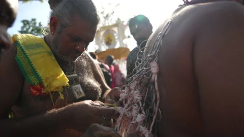 Devotee Has His Back Pierced With Large Hooks At Thaipusam Festival Stock Footage 234042070