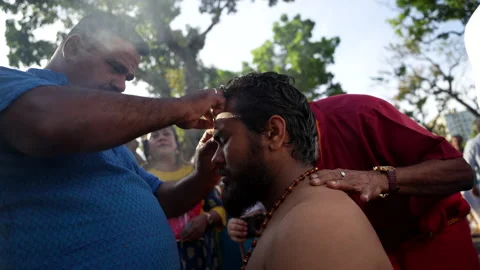 Devotee Has His Front Forehead Pierced With Small Hooks At Thaipusam Festival Stock Footage 234042104