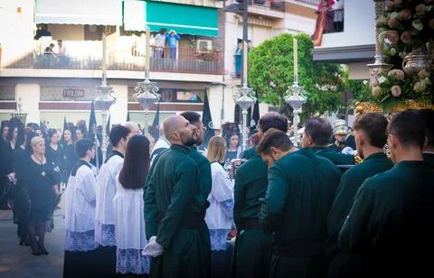 Devotee man looking up and waiting for procession to start. Parade actors ready Stock Photos