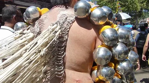 A devotee with many skin hooks in his back, Thaipusam Festival, Malaysia Stock Footage 277611856