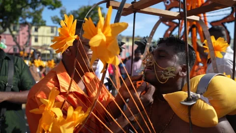 Devotee With Pierced Cheeks And Tongue During Penang Thaipusam Hindu Festival Stock Footage 234038134