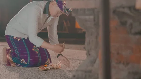 Devotee Placing Flower Offering on Temple Floor Stock Footage 280485043