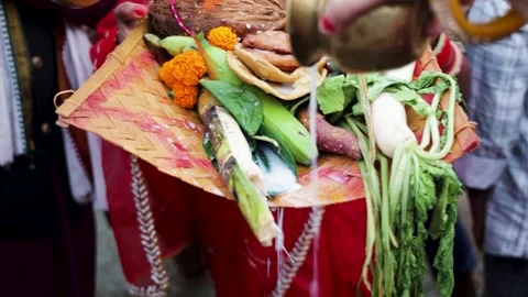 Devotee Pouring Milk holy arghya Over Sacred basket During Traditional Hind.. Stock Footage 340890126