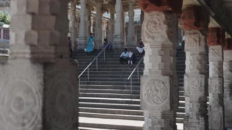 Devotees on Ancient Stone Steps of South Indian Hindu Temple Tank Stock Footage 338064794