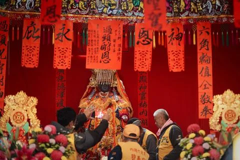 Devotees Arranging Mazu Deity Statue Inside Temple Shrine Neihu Taipei Stock Photos