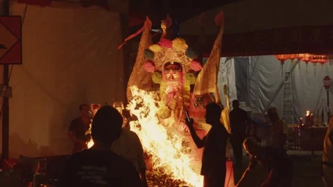 Devotees Attending Large Effigy Cremation Ritual of Hungry Ghost Festival Stock Footage 345995254