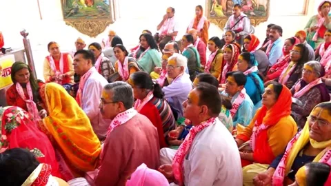 Devotee's Crowd Attending Satsang in Braj Dham Vrindavan Temple Stock Footage 131392395