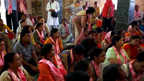 Devotee's Crowd Attending Satsang in Braj Dham Vrindavan Temple Stock Footage 131702414