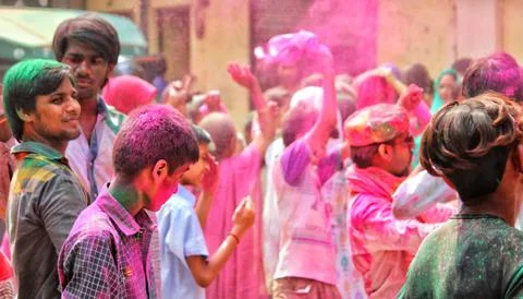 Devotees dancing to bid adieu to Lord Ganesha in Delhi during Ganesh Visarjan Stock Photos
