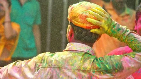 Devotees dancing to bid adieu to Lord Ganesha in Delhi during Ganesh Visarjan Stock Photos