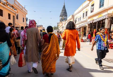 Devotees Exploring Bustling Temple Bazaar Leading to Historic Shrine in Ayodh Stock Photos