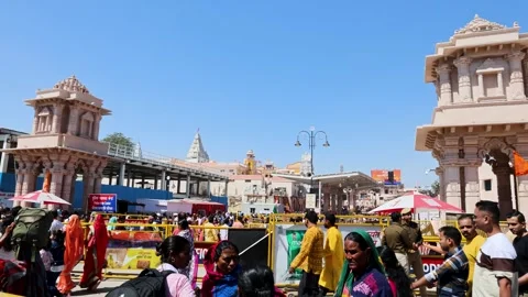 Devotees Gathering At Magnificent Ram Mandir Temple Complex Entrance In Ayodhya Stock Footage 338402374