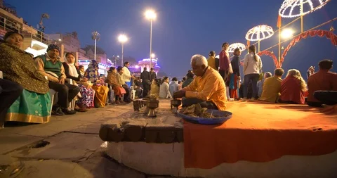 Devotees in large numbers gathered  for watching Ganges aarti prayers, India Stock Footage 113721108