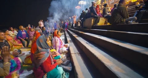 Devotees in large numbers gathered  for watching Ganges aarti prayers, India Stock Footage 113721115
