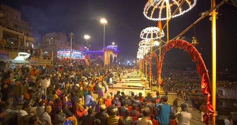 Devotees in large numbers gathered  for watching Ganges aarti prayers, India Stock Footage 113721157