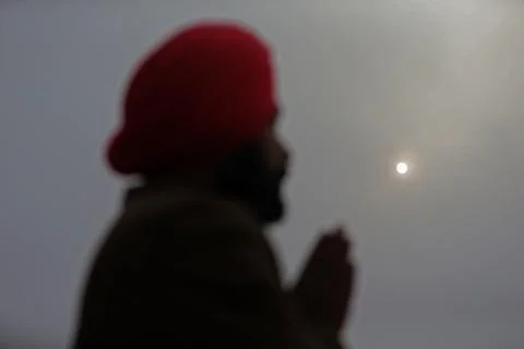 Devotees offer prayers at the Golden Temple on New Year Day 2021 in Amritsar, In Stock Photos