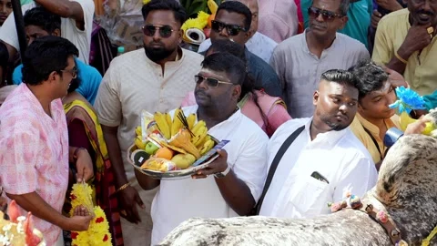 Devotees offering fruit beside decorated chariot during thaipusam procession Video stock 332734282