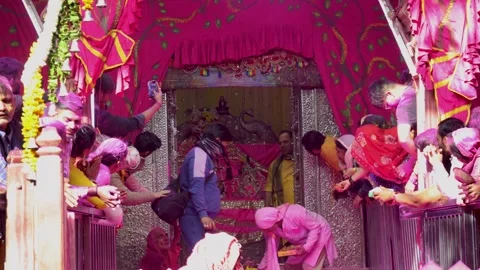 Devotees Offering Prayers Before Radha Krishna Deities During Vrindavan Temple Stock Footage 340814816