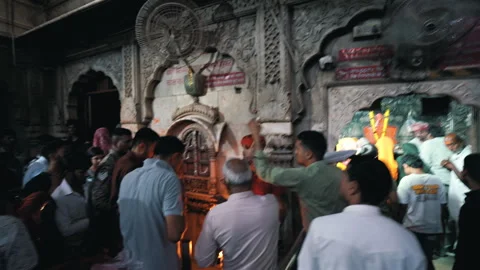 Devotees performing aarti flame ritual with priest at Karni Mata Temple India Stock Footage 346771898