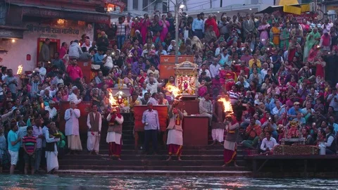 Devotees performing religious Ganga Aarti ritual at Dashashwamedh Ghat Stock Footage 77454489