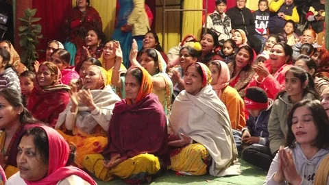 Devotee's Performing Spiritual Krishna Name Sankirtan in Temple Ground Stock Footage 129794563