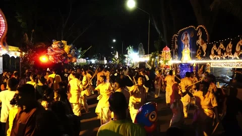 Devotees play Indian stick dance at thaneer panthal during Thaipusam. Stock Footage 153312240
