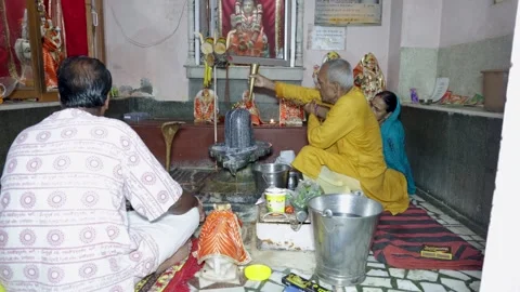 Devotees with priest Performing Lord Shiva Lingam Abhishek Ritual Inside Temple Stock Footage 340183055