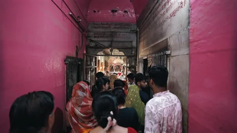 Devotees queuing in pink corridor entering main shrine at Karni Mata Temple Stock Footage 346503030