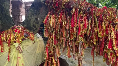 Devotees’ Sacred Threads  Tied to Wish Tree T Sikharchandi Hill Temple 库存影片 343802639